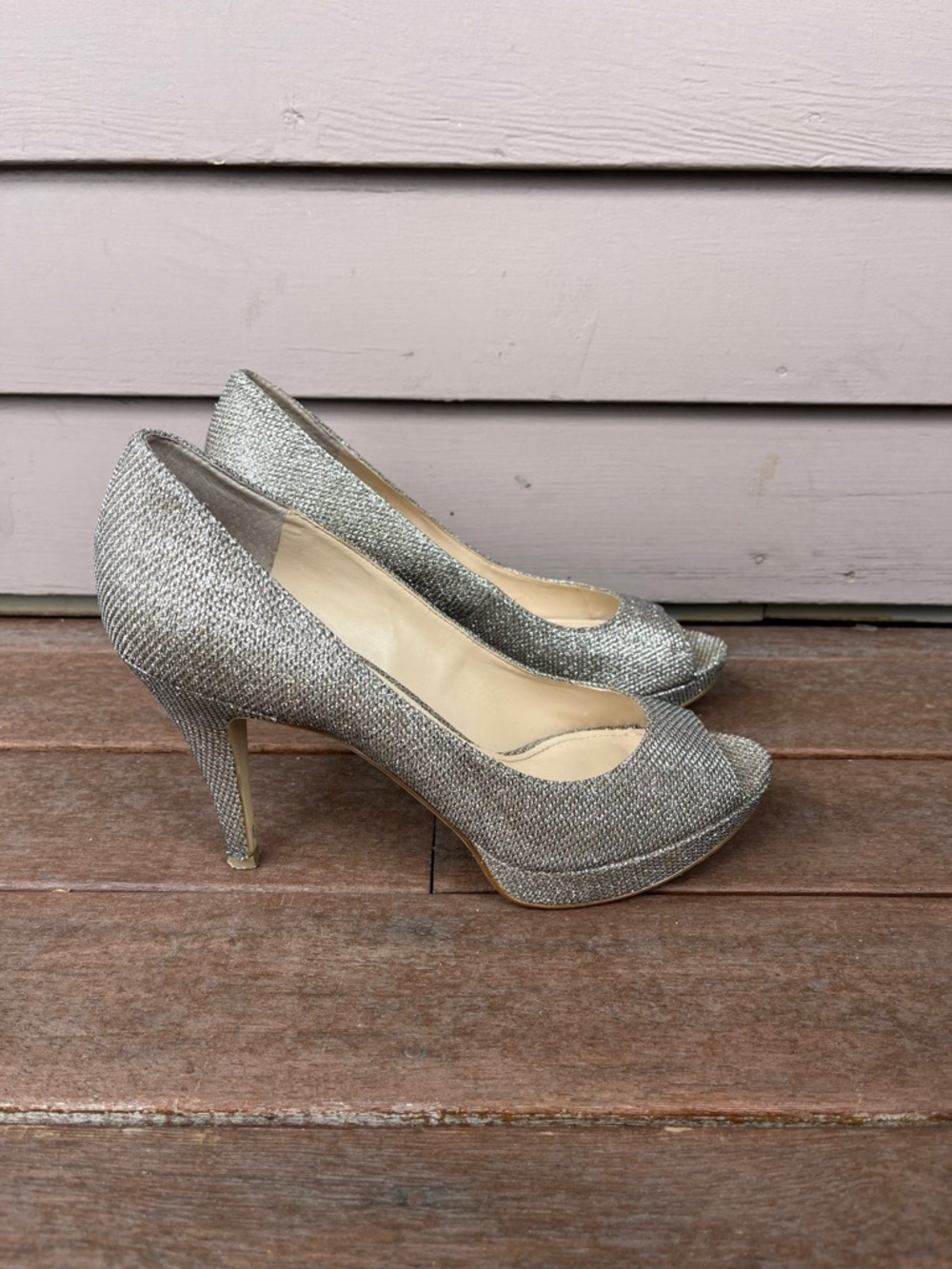 Silver glitter peep toe pumps size 7.5
